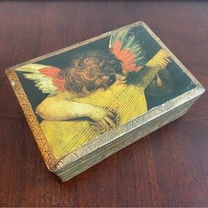 Vintage Italian Florentine Gold Leaf Cherub Angel Wood Trinket Box